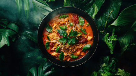 A delicious bowl of savory noodle soup surrounded by lush green leaves showcases a vibrant culinary experience with fresh herbs and spices.の素材