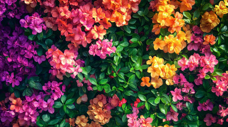 This image features a stunning array of vibrant bougainvillea flowers in full bloom, showcasing an explosion of colors against lush green leaves, perfect for an outdoor setting.の素材
