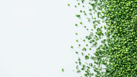 A visually appealing composition of fresh green peas mixed with chopped greens on a light background, perfect for food-related projects and healthy recipe inspiration.の素材