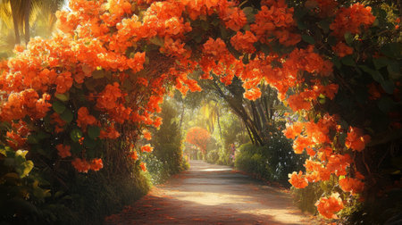A stunning outdoor pathway framed by vibrant orange bougainvillea flowers, creating a tranquil and inviting atmosphere. Perfect for nature and garden themes.の素材