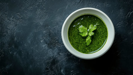 A vibrant, fresh green herbal sauce served in a bowl, garnished with leaves. Ideal for culinary use, this sauce adds flavor to various dishes.の素材