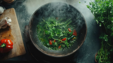 A captivating top view of fresh herbs and vibrant vegetables simmering in a pot, creating a delicious and aromatic dish. Perfect for culinary inspiration.の素材