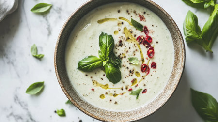 This inviting bowl of creamy basil soup features fresh ingredients, a touch of chili, and a drizzle of olive oil, creating a delightful culinary experience.の素材