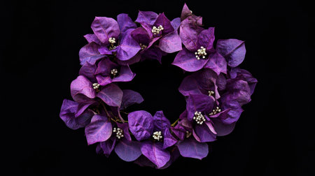 A stunning wreath made from purple bougainvillea petals showcases its vibrant beauty against a dark background, perfect for enhancing home decor or events.の素材