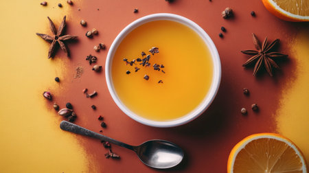 A cozy warm drink featuring orange and aromatic spices, creating a vibrant and inviting atmosphere for any table setting or seasonal gathering.の素材