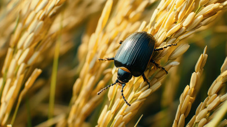 A detailed close-up captures a black beetle resting on golden rice grains, showcasing the intricate relationship between insects and crops in agriculture.の素材