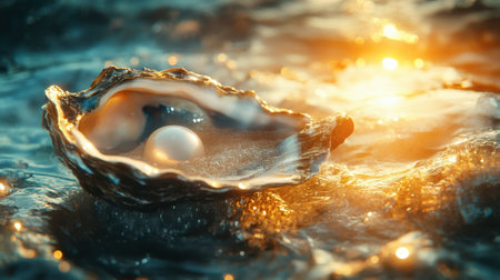 A stunning pearl rests in an open oyster shell, delicately floating on water that reflects golden sunlight. This serene and beautiful composition captures the essence of marine elegance.の素材