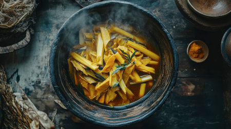 A steaming bowl of vibrant dishes showcasing fresh herbs and ingredients. This colorful dish is perfect for showcasing traditional cooking styles and healthy eating.の素材
