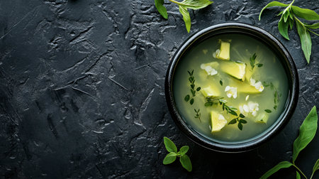 A delicious green soup featuring fresh ingredients and herbs presented in a black bowl against a dark surface, showcasing a vibrant and healthy meal.の素材