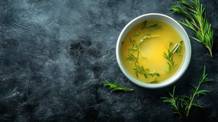 A comforting bowl of fresh herbal broth sits on a textured surface, surrounded by vibrant green herbs. Ideal for culinary inspiration and cozy dining moments.の素材