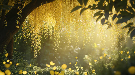 A serene scene of golden flowers cascading from tree branches, bathed in warm sunlight. This enchanting garden captures the essence of nature's beauty and tranquility.の素材