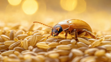 A detailed close-up of a golden beetle resting on grains, showcasing intricate features and a shimmering texture, set against a softly blurred background.の素材