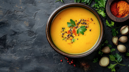 A vibrant bowl of freshly made yellow soup garnished with herbs and spices. Perfect for a warm meal, this dish showcases healthy ingredients and rich flavor.の素材