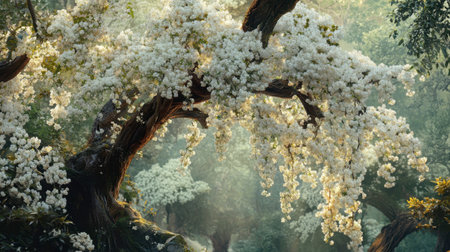 Discover a serene landscape featuring majestic white flower trees in a lush green forest, adorned with delicate blossoms illuminated by soft sunlight.の素材