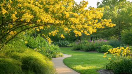A picturesque garden scene featuring a winding pathway surrounded by lush greenery and vibrant yellow flowering tree branches, creating a tranquil atmosphere.の素材