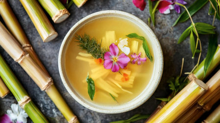 A vibrant bowl of fresh herbal soup, garnished with flowers and surrounded by bamboo stalks, showcases a blend of nature and culinary art. Perfect for wellness.の素材