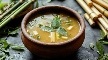 A warm herbal soup served in a rustic clay bowl, garnished with fresh green leaves, showcasing natural ingredients perfect for a healthy meal.の素材
