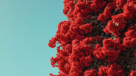A stunning display of vivid red bougainvillea blossoms set against a clear blue sky, capturing the essence of summer beauty and vibrant nature.の素材