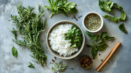 A beautiful arrangement of fresh herbs and cooked rice on a rustic table. Perfect for culinary inspiration, healthy meal preparation, and food styling ideas.の素材