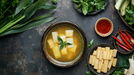 A beautiful arrangement of fresh ingredients, herbs, and soup in bowls against a rustic table background. Perfect for culinary themes and cooking inspiration.の素材