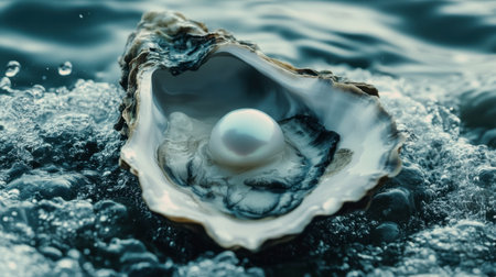 A stunning image of an oyster shell holding a luminous pearl, gently surrounded by rippling water. This serene scene captures the beauty of marine life.の素材