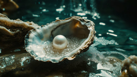 A beautiful pearl rests in the open shell of an oyster, creating a serene underwater scene. The shimmering light reflects off the water surface, enhancing the delicate beauty of this natural treasure.の素材