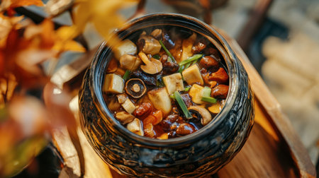 Savor the beauty of a traditional Asian dish served in a decorative bowl. Vibrant ingredients blend harmoniously, creating a delightful culinary experience.の素材