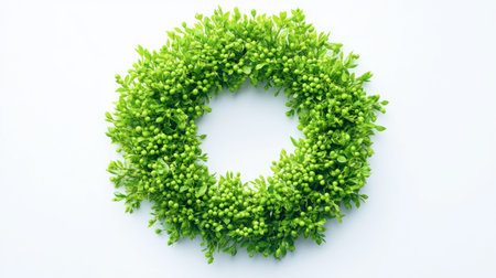 A vibrant green wreath composed of fresh foliage, perfect for seasonal decoration. This natural piece adds a charming touch to any space or event.の素材