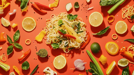 A visually appealing arrangement of pasta and colorful ingredients showcases vibrant vegetables and herbs on a bright background, perfect for culinary inspiration.の素材