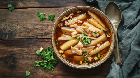 A beautiful bowl of savory chicken soup, garnished with fresh herbs, rests on a rustic wooden table. Perfect for cozy meals, this dish showcases warmth and flavor.の素材