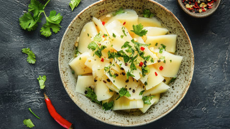 A vibrant mango salad garnished with fresh herbs and chili, presented in a rustic bowl. Ideal for showcasing healthy and delicious cuisine in food photography.の素材