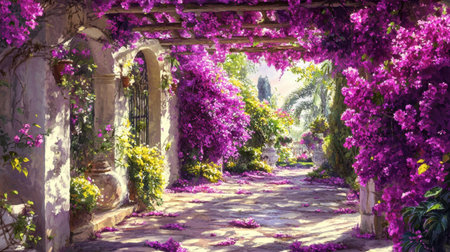 A vibrant pathway adorned with bougainvillea flowers, inviting natural light and creating a serene garden atmosphere perfect for relaxation and beauty.の素材