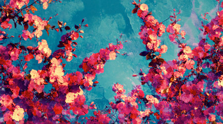Explore a stunning abstract art piece featuring vibrant pink and purple flowers against a calming blue background, perfect for adding a touch of elegance.の素材