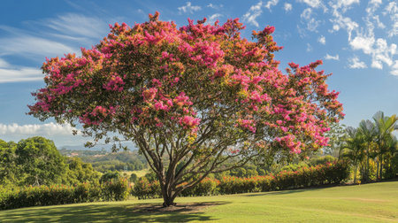 A stunning view of a vibrant pink flowering tree set against a bright blue sky, showcasing natureの素材