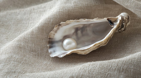 A captivating image featuring an elegant oyster shell with a lustrous pearl nestled inside, set against a soft fabric background, evoking luxury and natural beauty.の素材