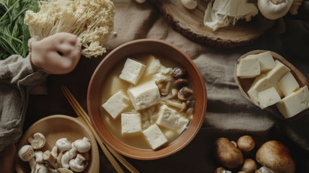 A cozy table setting featuring a bowl of tofu and fresh vegetables alongside mushrooms, inviting a comforting dining experience with natural elements.の素材