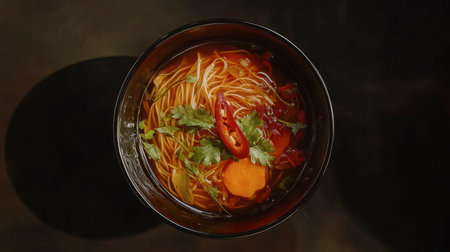 A vibrant bowl of Asian noodle soup featuring fresh vegetables and herbs, perfect for a comforting meal. The bright colors and textures invite enjoyment and warmth.の素材