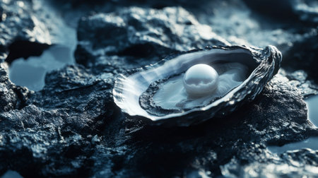 A captivating image featuring an open oyster with a lustrous pearl nestled inside, set against a dark rocky surface, highlighting nature's beauty and elegance.の素材