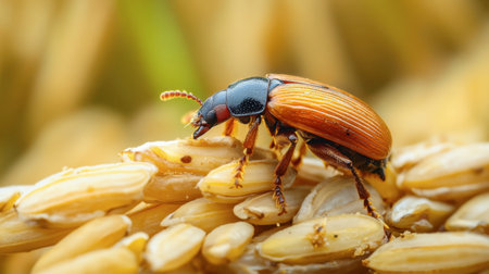 A detailed close-up image of a beetle foraging on grains, showcasing its anatomy and color in a natural setting, ideal for nature and agriculture themes.の素材