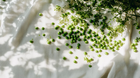A vibrant arrangement of fresh green peas and herb sprigs scattered on a white cloth, showcasing the natural beauty and freshness of produce in a kitchen setting.の素材