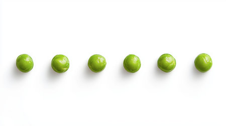Fresh green peas arranged in a minimalist line on a white backdrop. Perfect for emphasizing healthy eating, organic meals, and culinary presentations.の素材
