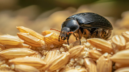 Close-up view of a shiny black beetle perched on golden grains, highlighting intricate details, with a soft blurred background reflecting a vibrant ecosystem.の素材