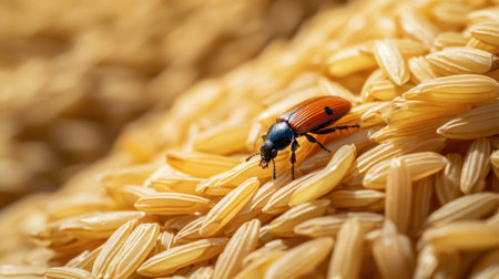 A detailed close-up view of a vibrant insect crawling on golden rice grains, highlighting the intricate details of agriculture and nature's beauty.の素材