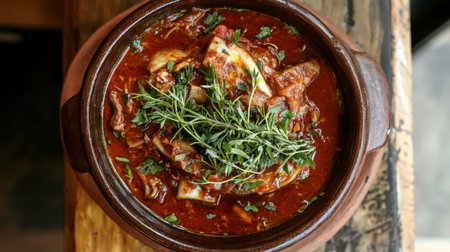 This appetizing stew features fresh herbs and a rich sauce in a rustic clay pot, perfect for a comforting meal. Enjoy the warmth and flavor in every bite!の素材