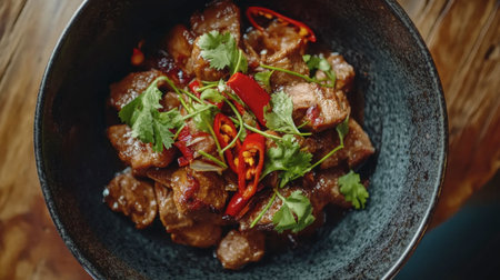 A stunning beef dish garnished with fresh herbs and vibrant red peppers. Perfect for showcasing culinary skill and flavorful presentation in any food-related project.の素材