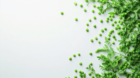 Fresh green peas and vibrant leaves spread across a simple white background, perfect for culinary inspirations, healthy dishes, or nature-themed designs.の素材