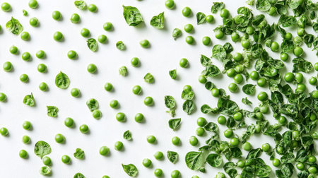 Varied arrangement of fresh green peas and leaves on a white background, showcasing the beauty and simplicity of healthy vegetables. Perfect for culinary themes.の素材