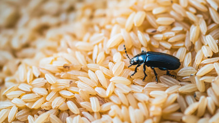 This macro image captures a black beetle resting on a bed of rice grains, highlighting details of both the insect and the surrounding food texture. Perfect for nature and agriculture themes.の素材