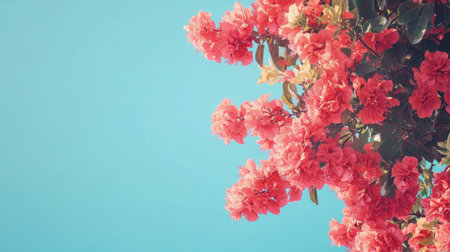 A stunning close-up of vibrant bougainvillea flowers against a bright blue sky, showcasing their rich pink petals and lush greenery. Perfect for nature and floral themes.の素材