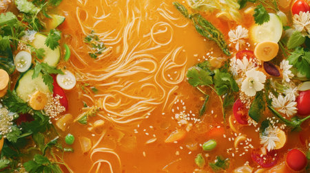 A vibrant bowl of noodle soup featuring an array of fresh vegetables and aromatic herbs, perfect for an appetizing and comforting meal.の素材